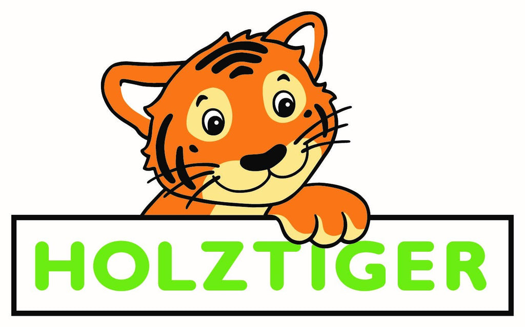 A cartoon tiger smiles and holds a white sign with green "HOLZTIGER" text, highlighting the handcrafted HOLZTIGER Squirrel, brown figure made from maple and beech wood.