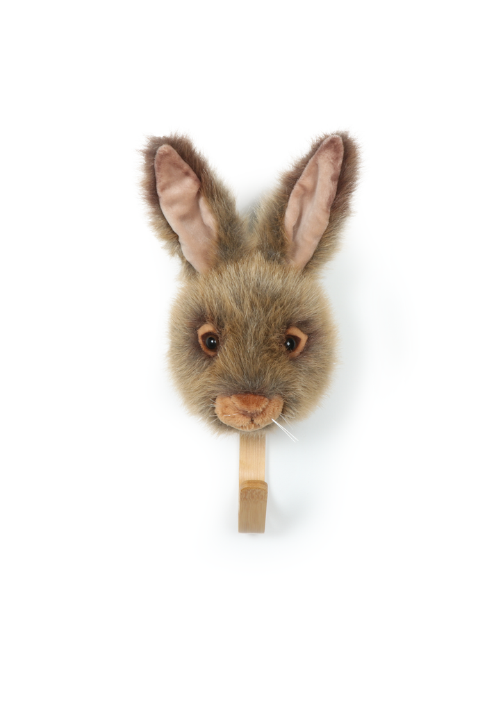 The Coat Hanger - Brown Hare features a plush rabbit head with big ears and lifelike fur, mounted on a wooden wall hook against a plain white background.