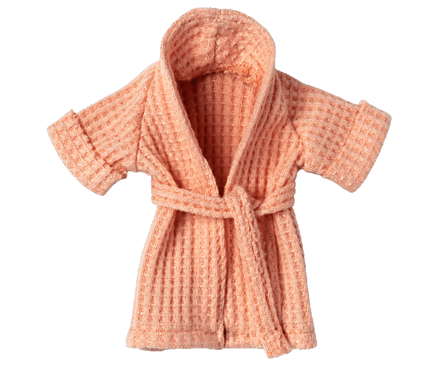 An Maileg Extra Clothing: Bathrobe - Coral, displayed against a plain white background. The soft bathrobe features a waffle-knit pattern and an open front with a thick collar.