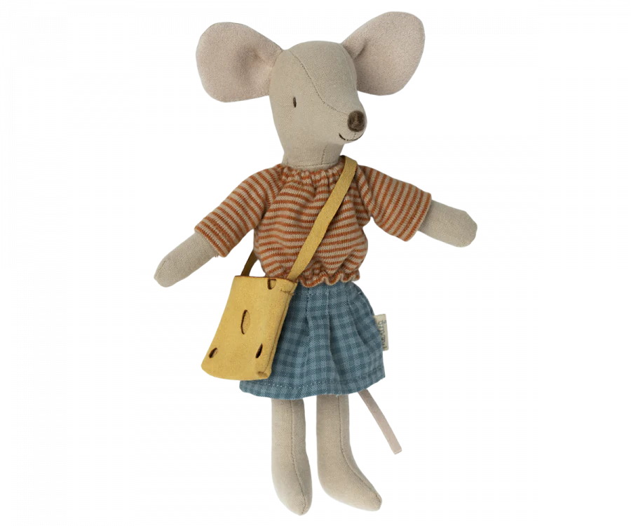 A charming Maileg Nursery Room Starter Set featuring a plush Mom Mouse toy dressed in a striped orange and white top, a blue skirt, and a yellow shoulder bag. The Maileg mouse has large ears and a small, pointed nose—perfect for adding charm to any nursery set.