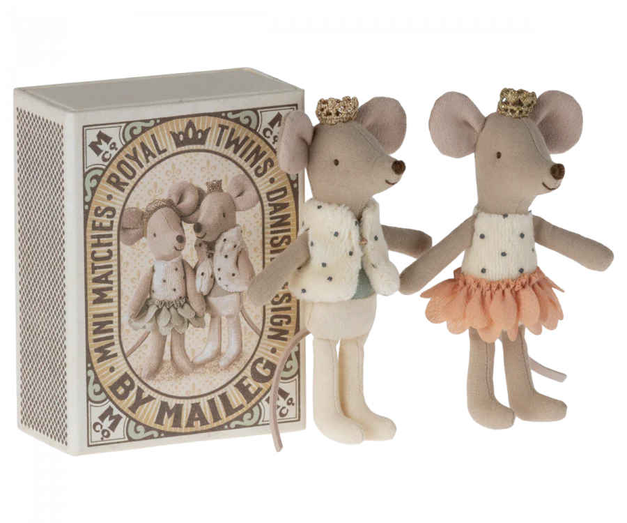 Two Royal Twins in Box, Little Brother and Sister - Rose dolls dressed in fancy outfits with a dotted vest standing next to their customized matchbox that features a vintage design with illustrations of mice.