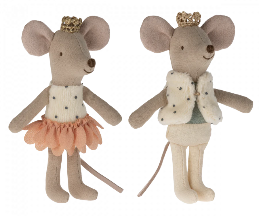 Two Royal Twins in Box, Little Brother and Sister - Rose with royal heirs' beige and pink outfits and golden crowns, standing upright against a white background.