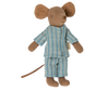 A Maileg Big Brother Mouse in Box dressed in a striped blue and white pajama suit, standing upright against a black background.