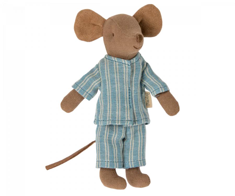 A Maileg Big Brother Mouse in Box dressed in a striped blue and white pajama suit, standing upright against a black background.