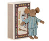 A small Maileg Big Brother Mouse in Box in a blue-striped pajama ensemble stands beside a vintage-style matchbox bed labeled "Best Quality" with "Mouse Race" graphics, on a white background.