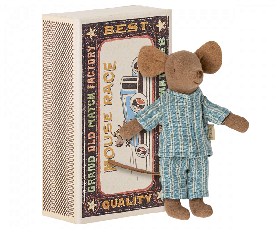 A small Maileg Big Brother Mouse in Box in a blue-striped pajama ensemble stands beside a vintage-style matchbox bed labeled "Best Quality" with "Mouse Race" graphics, on a white background.