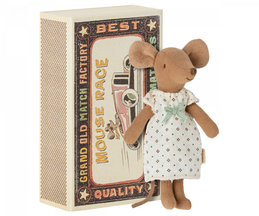 A Maileg Big Sister Mouse in Box stands beside a colorful vintage-style box labeled "grand old match factory mouse race.