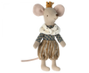 A Maileg Royal Mouse dressed in a quaint dress with a plaid top and striped skirt, wearing a cozy white scarf and a golden crown, part of the Maileg universe.
