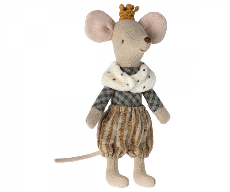 A Maileg Royal Mouse dressed in a quaint dress with a plaid top and striped skirt, wearing a cozy white scarf and a golden crown, part of the Maileg universe.