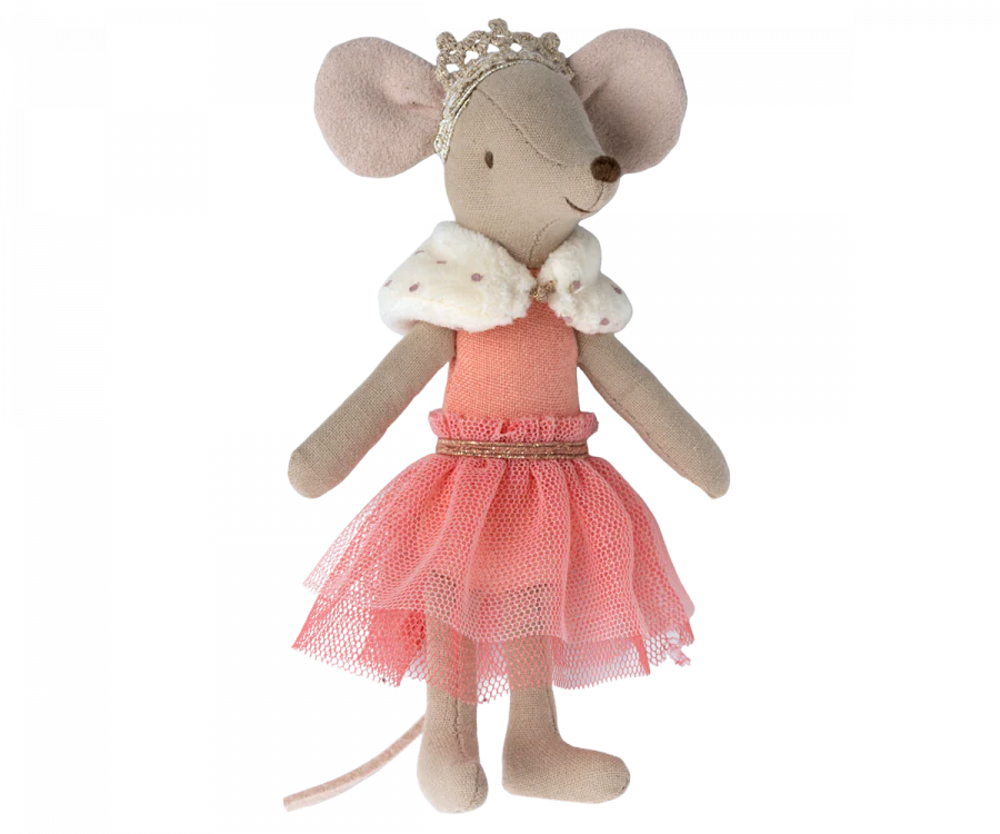 A Maileg Royal Mouse dressed as Queen Mouse, in a pink tutu and a sparkling crown, standing against a black background.
