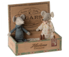 The Maileg Grandparents Set features two mice in patterned outfits sitting in an open vintage-style "Havana Cigars" box, perfect for dollhouse décor or as a charming accent to your Maileg mouse collection.