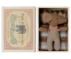 A Maileg Sleepy Wakey Baby Mouse in Matchbox - Rose, displayed in a vintage matchbox bed with a knitted blanket. The matchbox lid has "Baby Lucifers Limited Edition 1988" printed on it.