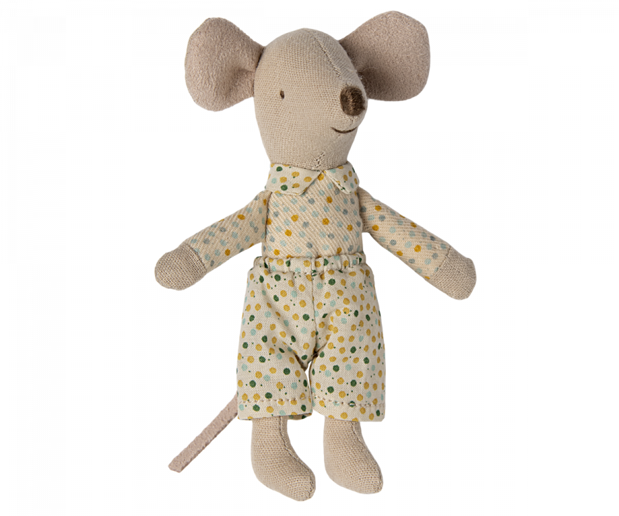 A Maileg Little Brother mouse plush toy wearing a yellow outfit with green, red, and blue polka dots, isolated on a black background. The mouse has large ears, a long thin tail, and a stitched nose.