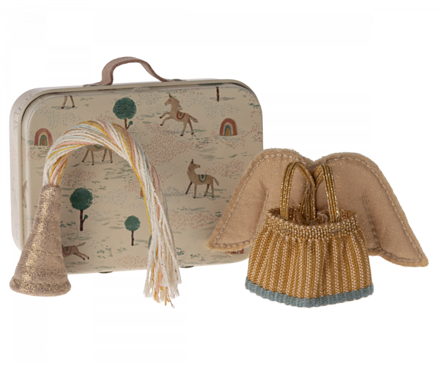 A whimsical toy set featuring a metal suitcase adorned with illustrations of deer, trees, and rainbows. Beside it, there is Maileg Fairy clothes In Suitcase, Little Sister Mouse fit for fairy clothes and a cone-shaped object with white and gold threads cascading from the top.