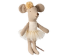 Meet the Maileg Afternoon Tea Set: a plush toy mouse dressed in a cream tutu and matching floral headband. This light brown mouse has large ears, a small tail, and charming embroidered details that bring its delightful personality to life.