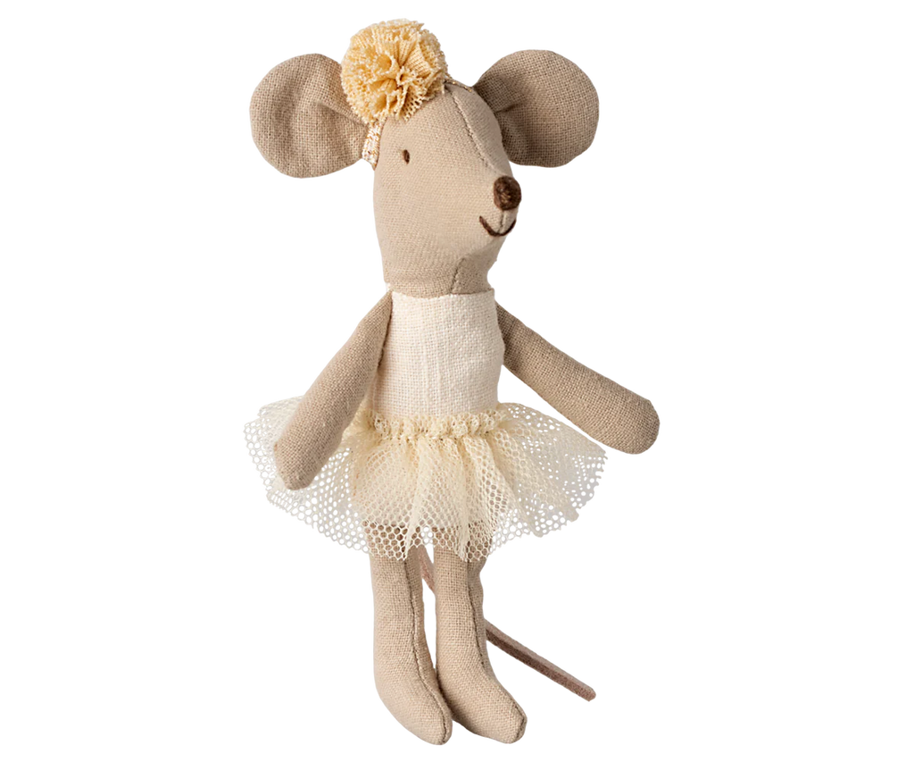 Meet the Maileg Afternoon Tea Set: a plush toy mouse dressed in a cream tutu and matching floral headband. This light brown mouse has large ears, a small tail, and charming embroidered details that bring its delightful personality to life.