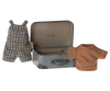 A small polka-dotted suitcase is open, revealing a label with the word "Maileg Overalls And Shirt In Suitcase, Big Brother Mouse." Next to the suitcase are a pair of blue checkered overalls and a striped red and beige short-sleeved shirt, both doll-sized. Recommended age for this charming set is 3 years and up, making it perfect for any big sister or brother.