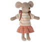 A Maileg big sister mouse with large ears, a striped shirt, peach-checkered skirt, and brown backpack sits against a white background—ready to enjoy her Maileg Outdoor Tea Set.