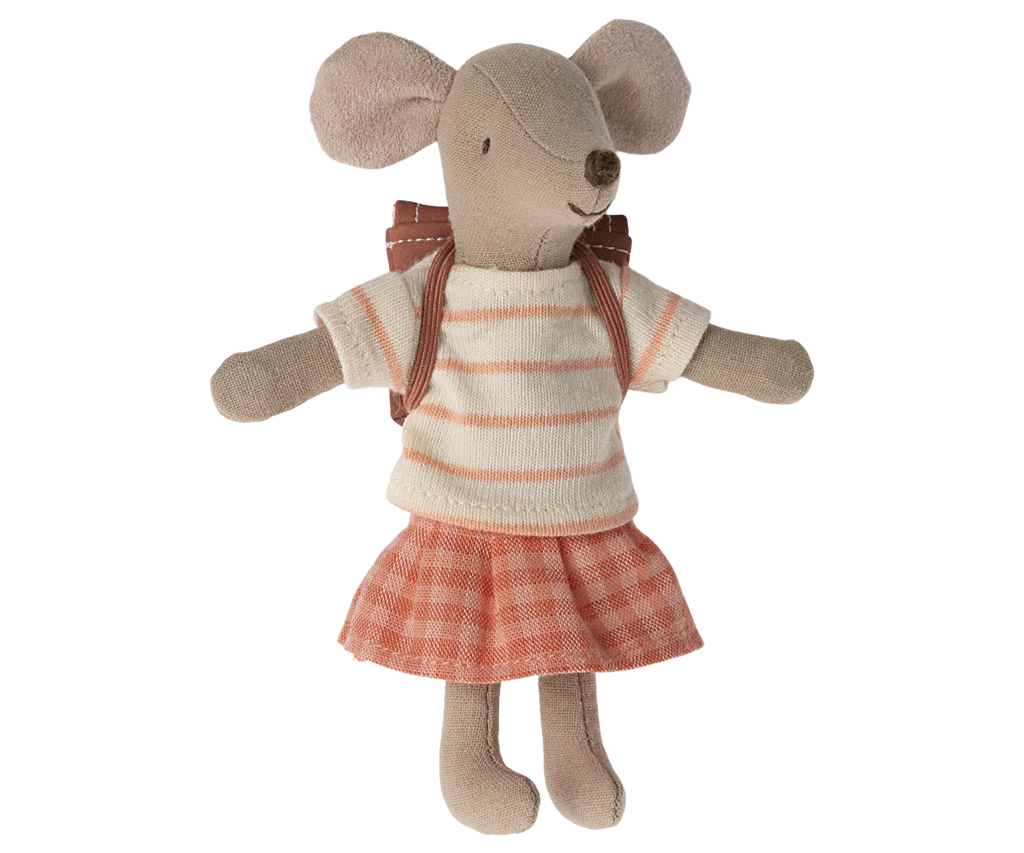 A Maileg big sister mouse with large ears, a striped shirt, peach-checkered skirt, and brown backpack sits against a white background—ready to enjoy her Maileg Outdoor Tea Set.