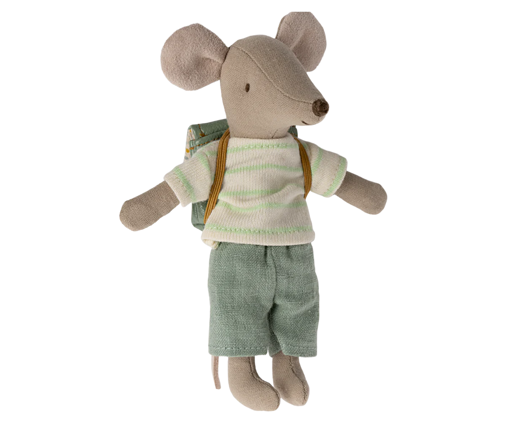 A Maileg Big Brother With Backpack - Mint wearing a green striped shirt, green shorts, and a school backpack. The mouse has large ears, a pointed snout, stitched facial features, and magnets in its hands.