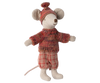 Meet the Maileg Winter Mouse with Ski Set, Big Sister - Rose, an adorable winter mouse toy made from recycled polyester. She sports a red knit sweater and hat, paired with beige checkered pants. With her large round ears and outstretched arms, she's ready to embark on snowy adventures while standing upright.