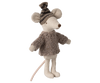 The Maileg Big Brother Mouse, from the knitted sweater and hat collection, is adorned in a cozy gray sweater and matching beanie. Featuring large ears, a long tail, and a charming smile, it's outfitted in snug winter accessories perfect for cuddling.