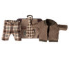 A small outfit set for a toy figure, including brown plaid pants, a brown jacket, a beige and brown checkered tie, and a small metal suitcase with travel stickers. Maileg Jacket, Pants And Tie In Suitcase, Grandpa Mouse