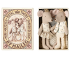 A decorative package with two stuffed toy mice in royal attire features golden crowns, nestled inside a beautifully decorated matchbox. The front reads "Mini Matches, Royal Twins, Danish Design by Maileg" with an illustration of the twin mice: Little Sister and Little Brother.