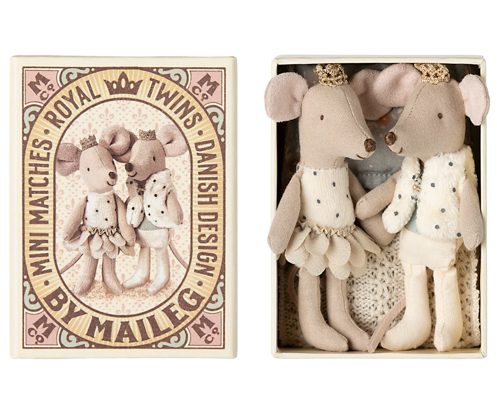 A decorative package with two stuffed toy mice in royal attire features golden crowns, nestled inside a beautifully decorated matchbox. The front reads "Mini Matches, Royal Twins, Danish Design by Maileg" with an illustration of the twin mice: Little Sister and Little Brother.