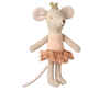 The PRE-ORDER: Maileg Princess Mouse In Matchbox - Little Sister is a delightful matchbox toy featuring a Maileg mouse in a pink dress with a tulle skirt and gold crown, charming hearts with its happy expression. Ships in February.