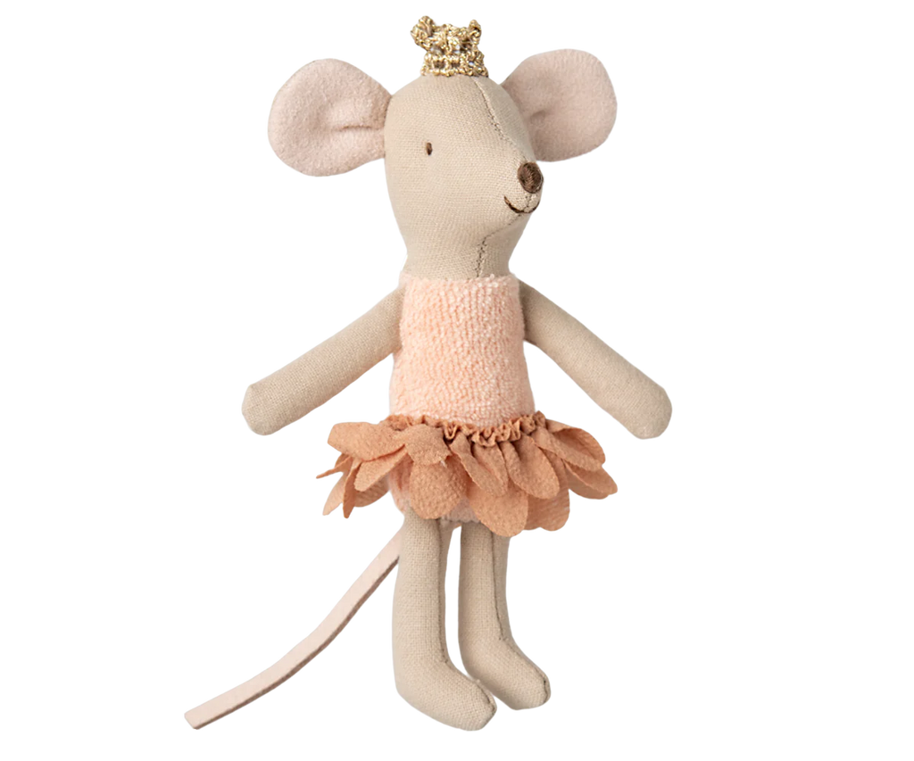 The PRE-ORDER: Maileg Princess Mouse In Matchbox - Little Sister is a delightful matchbox toy featuring a Maileg mouse in a pink dress with a tulle skirt and gold crown, charming hearts with its happy expression. Ships in February.