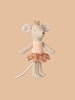 The Maileg Princess Mouse in Matchbox - Little Sister stands with a gold crown and pink ballerina dress against a beige background, capturing charm and whimsy. Available for pre-order, it ships in February.