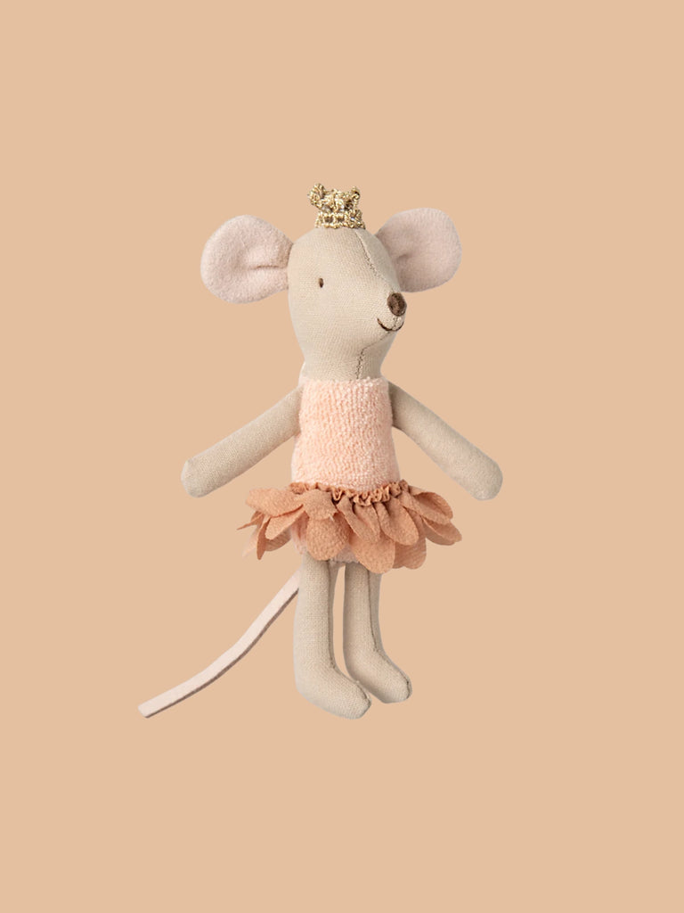 The Maileg Princess Mouse in Matchbox - Little Sister stands with a gold crown and pink ballerina dress against a beige background, capturing charm and whimsy. Available for pre-order, it ships in February.