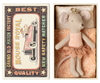 A charming Maileg Princess Mouse in matchbox packaging, Little Sister edition, is dressed in a pink tutu and gold crown. The matchbox reads "Grand Old Match Factory, Mouse Royal" and features a vintage car illustration. Available for pre-order now; ships in February.