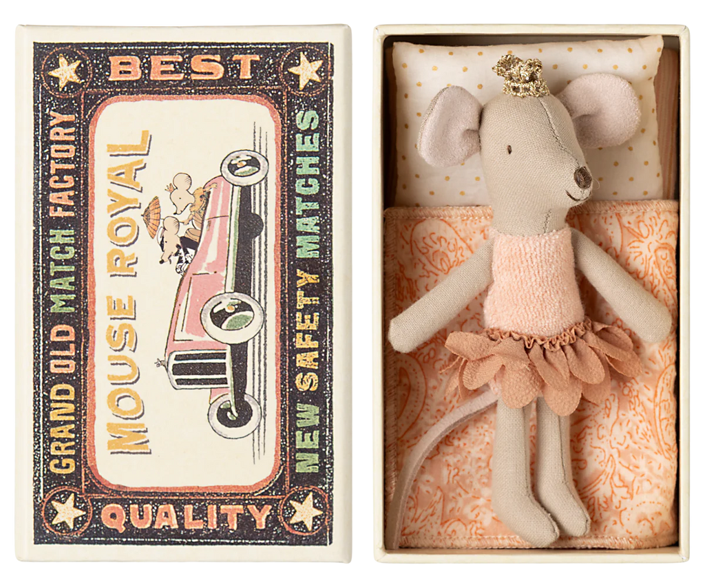 A charming Maileg Princess Mouse in matchbox packaging, Little Sister edition, is dressed in a pink tutu and gold crown. The matchbox reads "Grand Old Match Factory, Mouse Royal" and features a vintage car illustration. Available for pre-order now; ships in February.