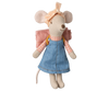 The Maileg Hiker Mouse, part of the hiker collection, wears a denim dress and pink checkered shirt with a stylish headscarf and backpack. Made of soft cotton, this adventurous stuffed toy stands smiling against a pastel-colored background.