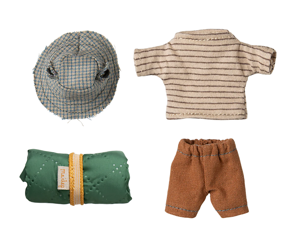 A flat lay includes a checkered sun hat, a striped short-sleeve shirt, brown shorts, and a rolled green sleeping bag with a yellow band, perfect for a doll-sized hiking trip from the Hiker Collection of Maileg Hiker Mouse With Thing Striped Shirt - Big Brother.