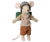 The PRE-ORDER Maileg Hiker Mouse, Big Brother edition, dons a blue checkered hat, striped shirt, and brown shorts. Equipped with a green backpack and long tail, it embodies the spirit of adventure. Perfect for any hiker collection, shipping late February.