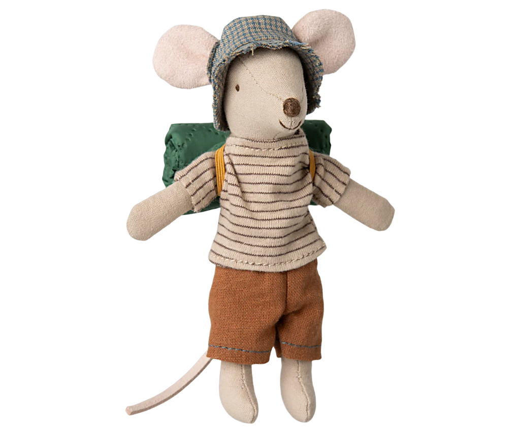 The PRE-ORDER Maileg Hiker Mouse, Big Brother edition, dons a blue checkered hat, striped shirt, and brown shorts. Equipped with a green backpack and long tail, it embodies the spirit of adventure. Perfect for any hiker collection, shipping late February.