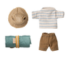 Part of the Hiker Collection, the Maileg Hiker Mouse With Blue Striped Shirt - Big Brother includes a straw hat, white and blue striped shirt, brown shorts, and a rolled-up teal blanket—ideal for nature play adventures. Pre-order now; ships late February.