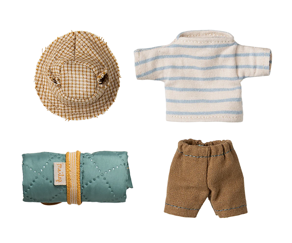 Part of the Hiker Collection, the Maileg Hiker Mouse With Blue Striped Shirt - Big Brother includes a straw hat, white and blue striped shirt, brown shorts, and a rolled-up teal blanket—ideal for nature play adventures. Pre-order now; ships late February.