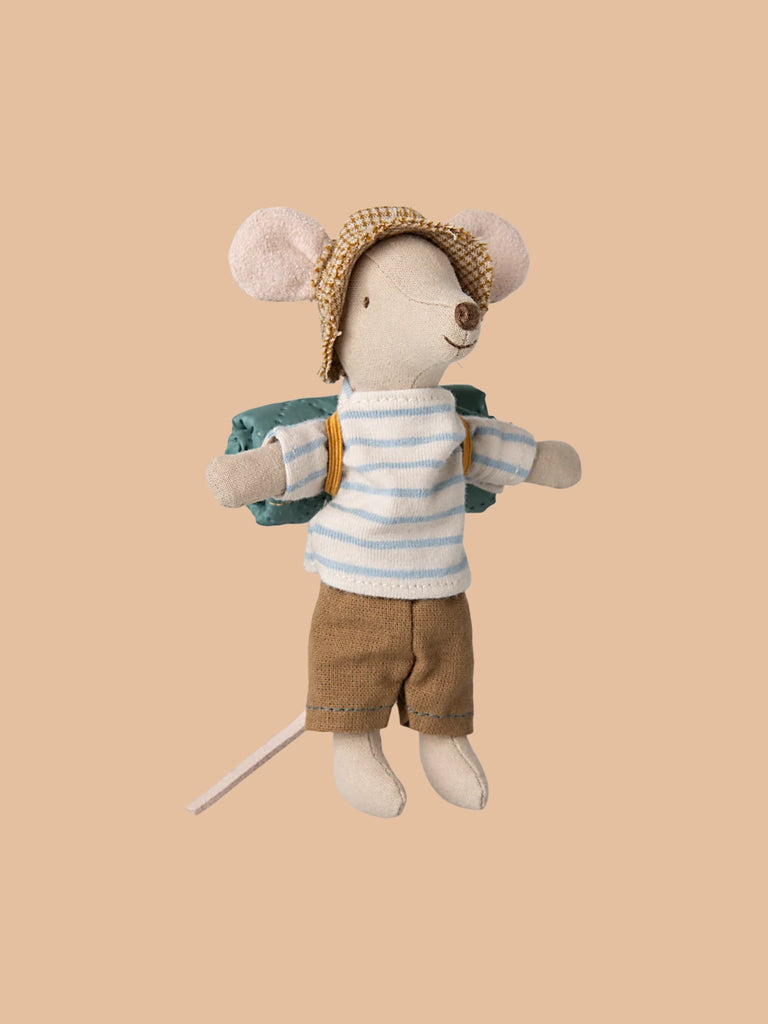 The PRE-ORDER Maileg Hiker Mouse With Blue Striped Shirt - Big Brother sports a checked hat, striped shirt, brown pants, and green backpack, standing on a beige background ready for nature play adventures. Ships late February.