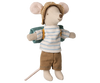 The Maileg Hiker Mouse, Big Brother edition, from the Hiker Collection, dons a blue striped shirt and brings an adventurous hiking vibe with brown shorts, a checkered hat, and a small green backpack. Pre-order now for shipment in late February.