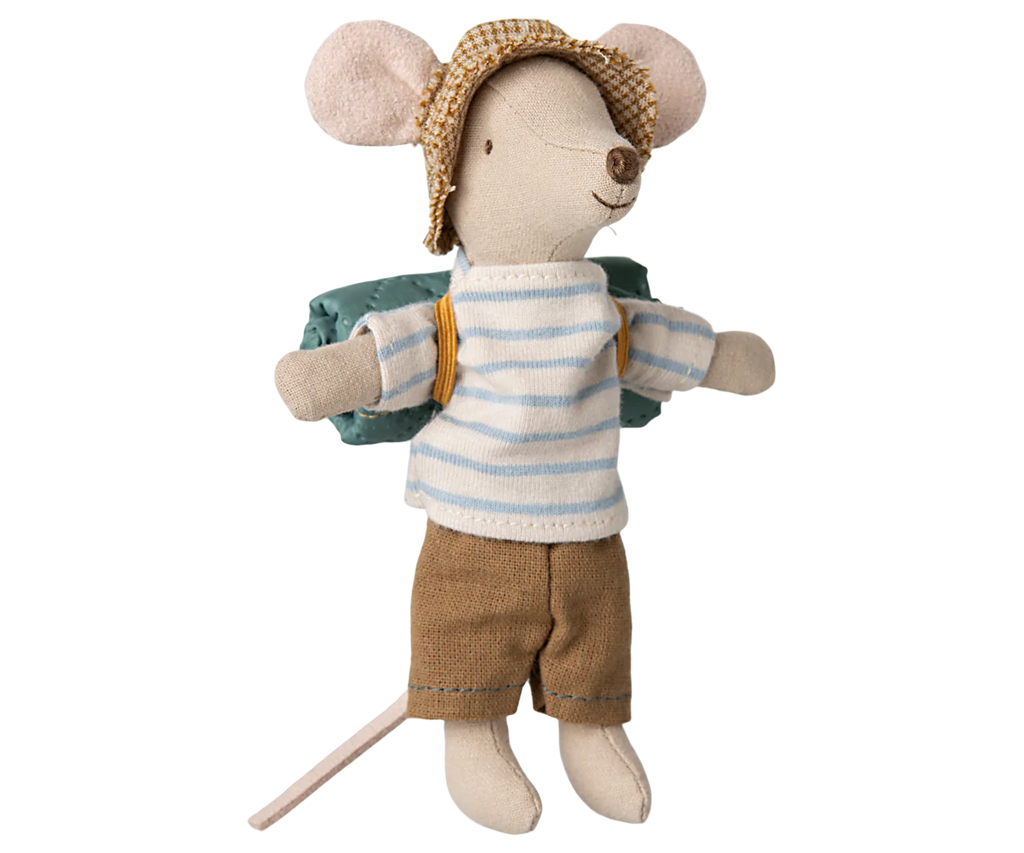 The Maileg Hiker Mouse, Big Brother edition, from the Hiker Collection, dons a blue striped shirt and brings an adventurous hiking vibe with brown shorts, a checkered hat, and a small green backpack. Pre-order now for shipment in late February.