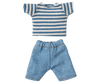 The PRE-ORDER Maileg LouisMax Mouse - Big Brother, shipping in late February, wears a blue and white striped knitted shirt crafted from soft cotton and light blue denim pants, set against a blurred striped backdrop.