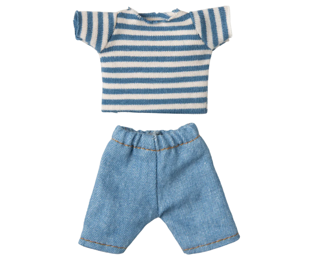 The PRE-ORDER Maileg LouisMax Mouse - Big Brother, shipping in late February, wears a blue and white striped knitted shirt crafted from soft cotton and light blue denim pants, set against a blurred striped backdrop.