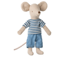 Discover the Maileg LouisMax Mouse - Big Brother, a soft cotton toy in a blue and white striped shirt and blue shorts, featuring large beige ears and a tiny tail. Available for pre-order now, shipping late February.