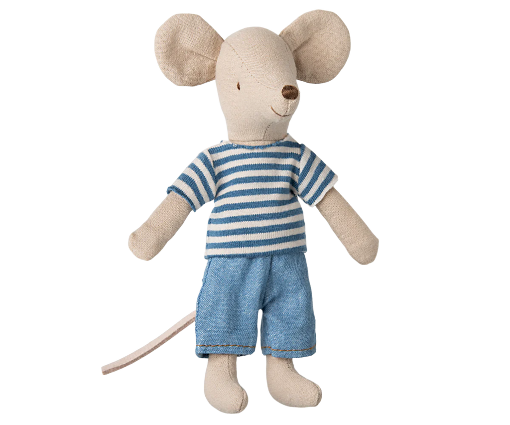 Discover the Maileg LouisMax Mouse - Big Brother, a soft cotton toy in a blue and white striped shirt and blue shorts, featuring large beige ears and a tiny tail. Available for pre-order now, shipping late February.