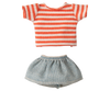 A small outfit featuring a knitted red striped t-shirt and blue denim skirt is displayed against a blurred background, titled "PRE-ORDER: Maileg Mouse With Striped Shirt - Big Sister" (ships late February).