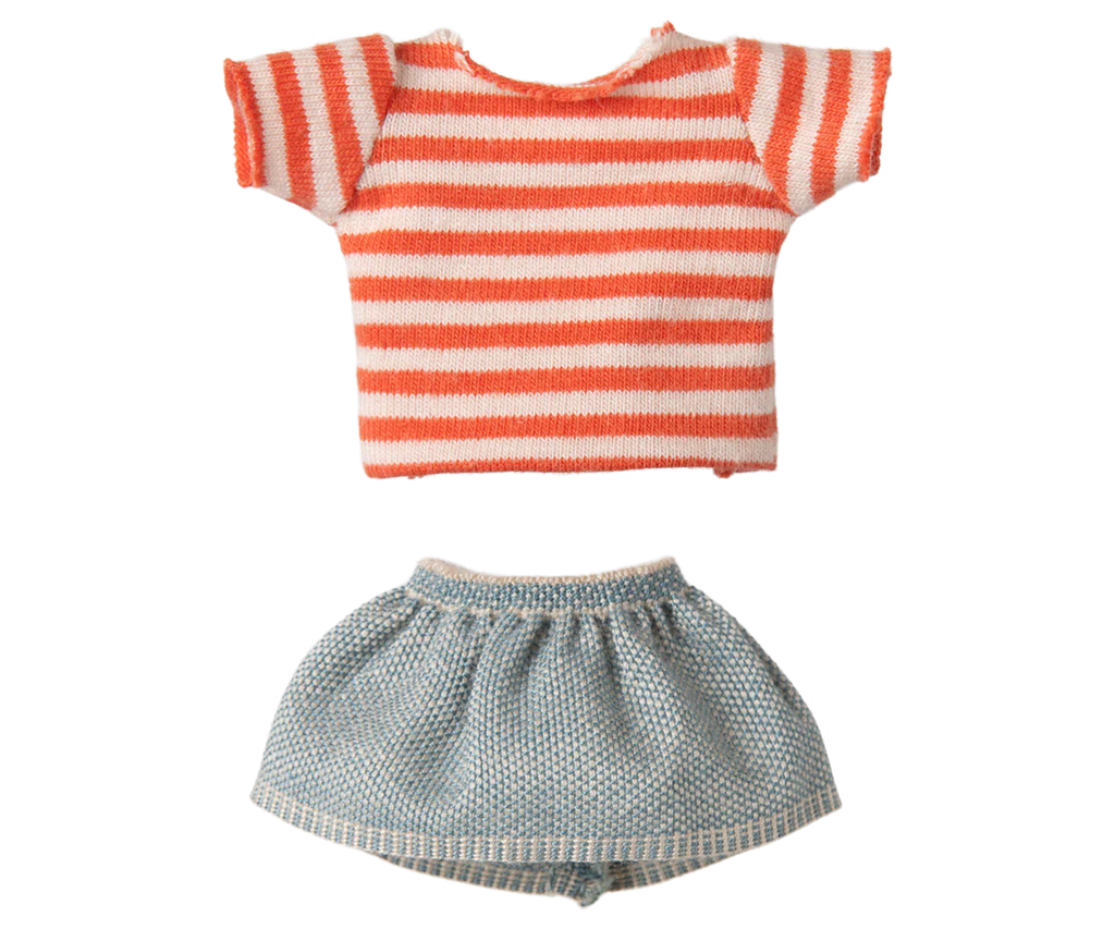 A small outfit featuring a knitted red striped t-shirt and blue denim skirt is displayed against a blurred background, titled "PRE-ORDER: Maileg Mouse With Striped Shirt - Big Sister" (ships late February).